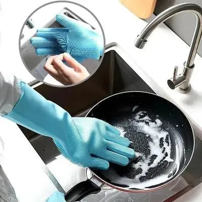 Umar Mart premium silicone dish washing gloves in bright yellow, kitchen accessories for effective cleaning and scrubbing.