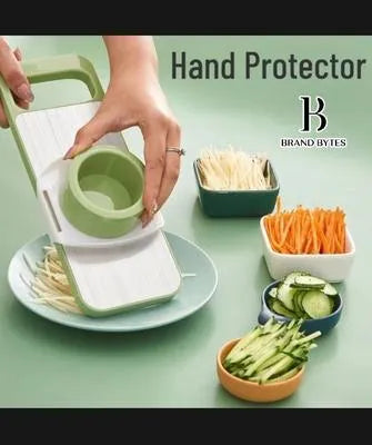 Umar Mart 5-in-1 manual vegetable slicer with five blades and collection basin for versatile kitchen prep.