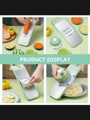 Umar Mart 5-in-1 manual vegetable slicer cutter with 5 blades and collection basin, kitchen accessory for efficient food prep