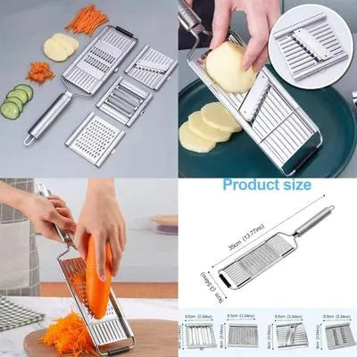 Umar Mart 5-in-1 manual vegetable slicer with five blades and collection basin for versatile kitchen prep.