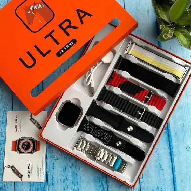 Umar Mart 7-in-1 Ultra Smart Watch with seven interchangeable straps, Bluetooth calling, fitness tracking display.