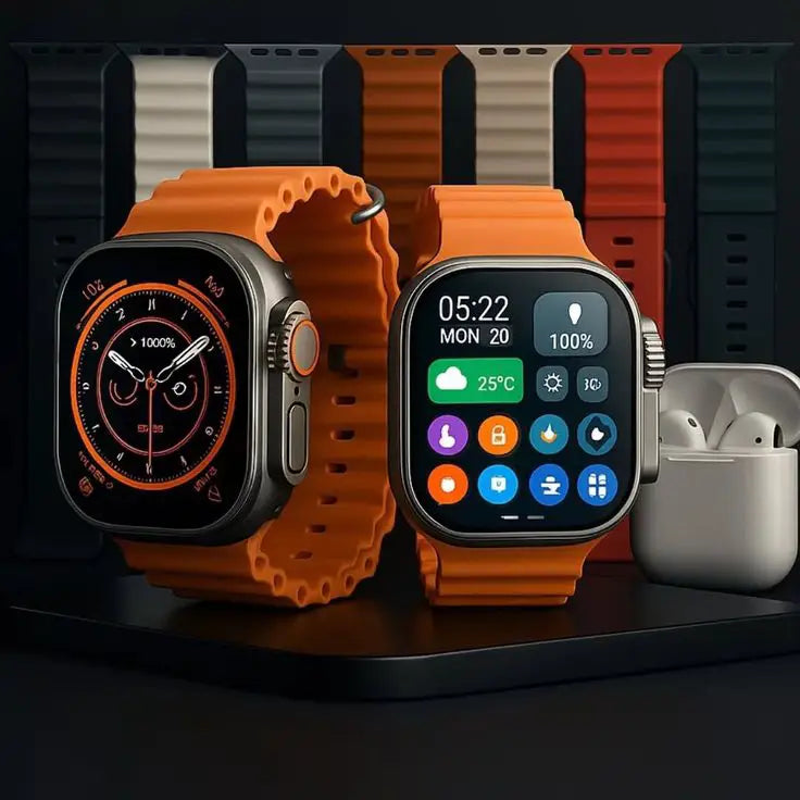 Umar Mart 7-in-1 smart watch with multiple straps, Bluetooth calling, fitness tracking, and stylish design.