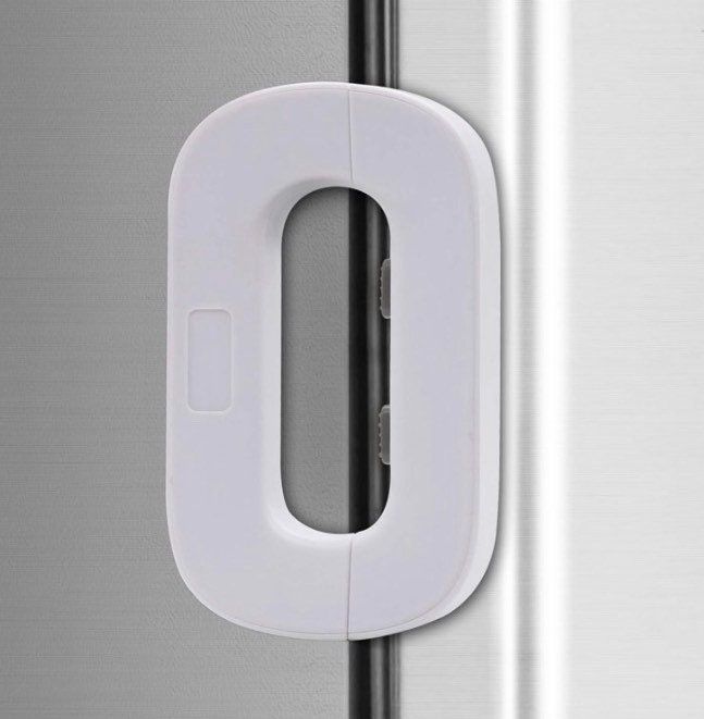 Umar Mart white fridge lock and keys, ABS plastic security lock for kitchen safety with easy 3M adhesive installation.