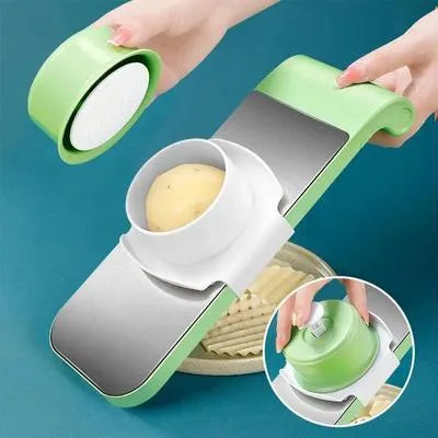 Umar Mart 5-in-1 manual vegetable slicer with five blades and collection basin for efficient kitchen prep.