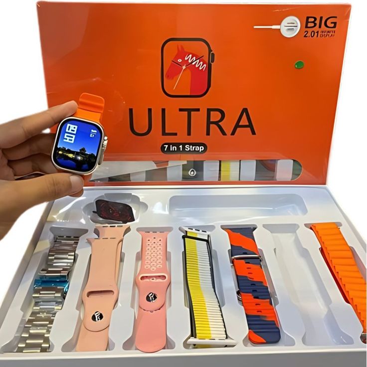 Umar Mart 7-in-1 Ultra Smart Watch showing multiple straps, fitness tracking features, Bluetooth calling capability, and sleek design.