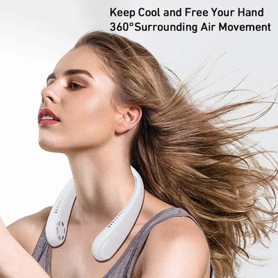 White Umar Mart Ultra-Cool 3-speed portable neck fan with sleek design and fast charging for home comfort.