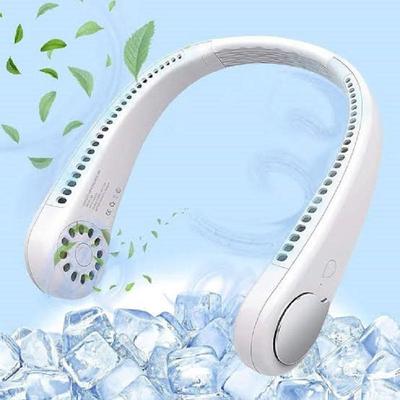 White portable Umar Mart Ultra-Cool 3-speed neck fan with fast charging and sleek design, ideal for personal cooling.