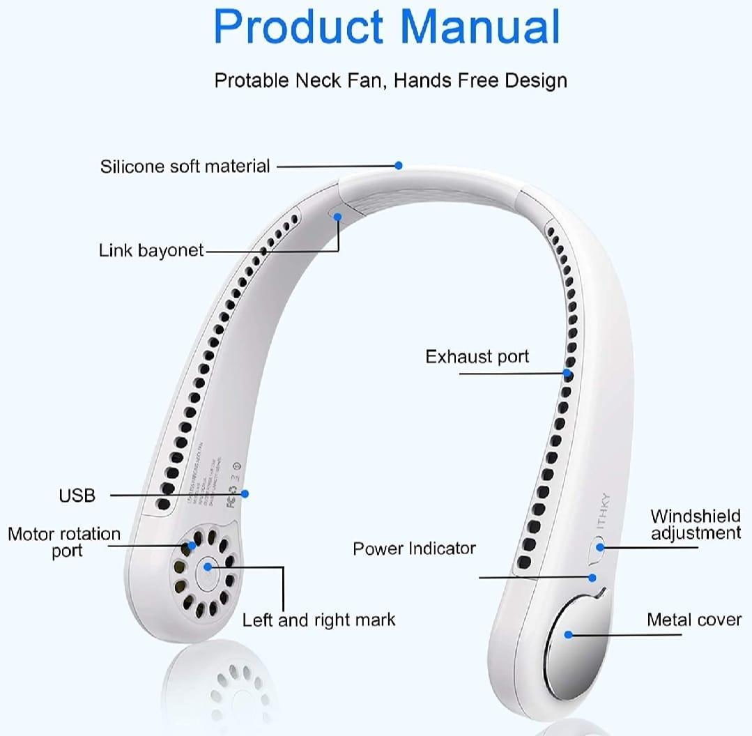 White Umar Mart Ultra-Cool 3-speed portable neck fan with fast charging and sleek design, shown in close-up.